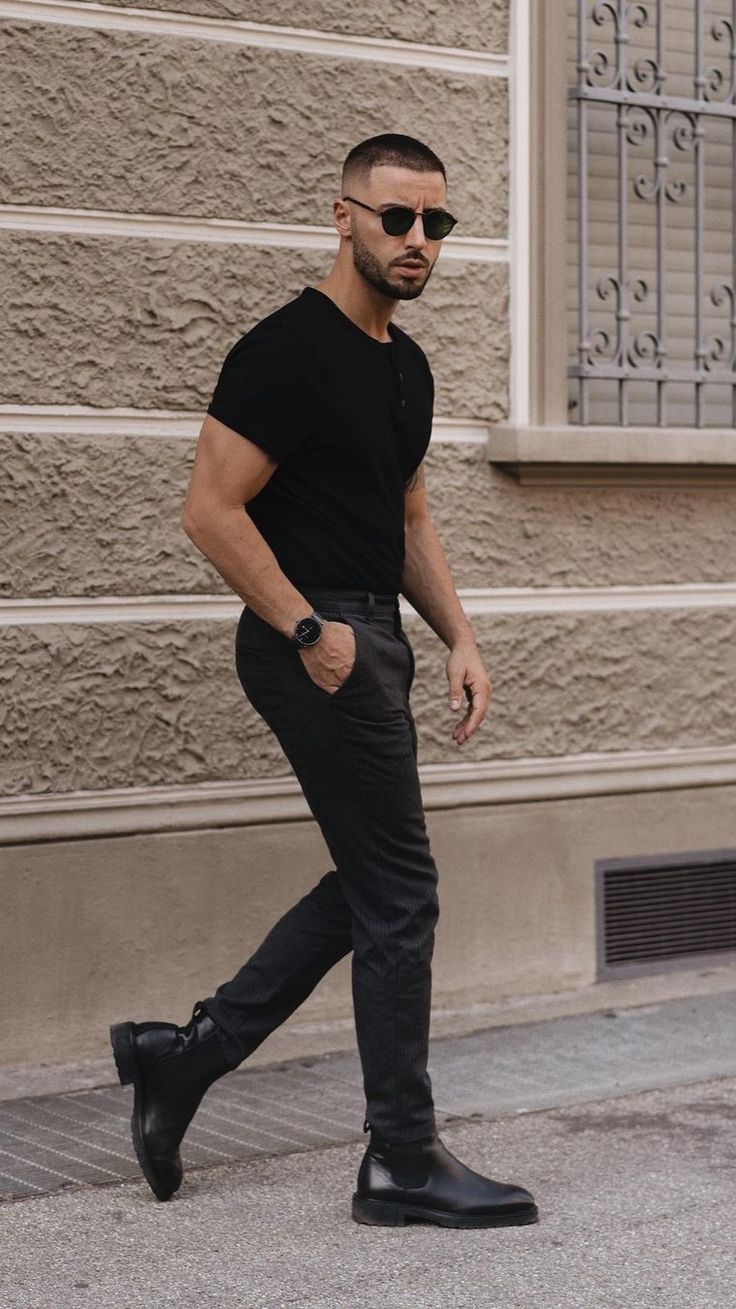 Black T-Shirt with Grey Pants and Chelsea Boots